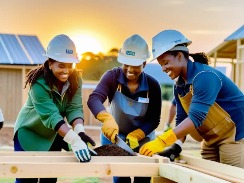 Grupo de voluntarios construyendo viviendas sostenibles en comunidad rural al atardecer, promoviendo desarrollo sostenible