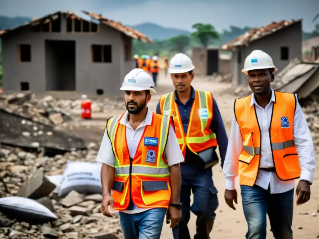 Grupo de voluntarios evaluando zona de desastre con suministros de emergencia, ejemplificando la comunicación de crisis para ONGs