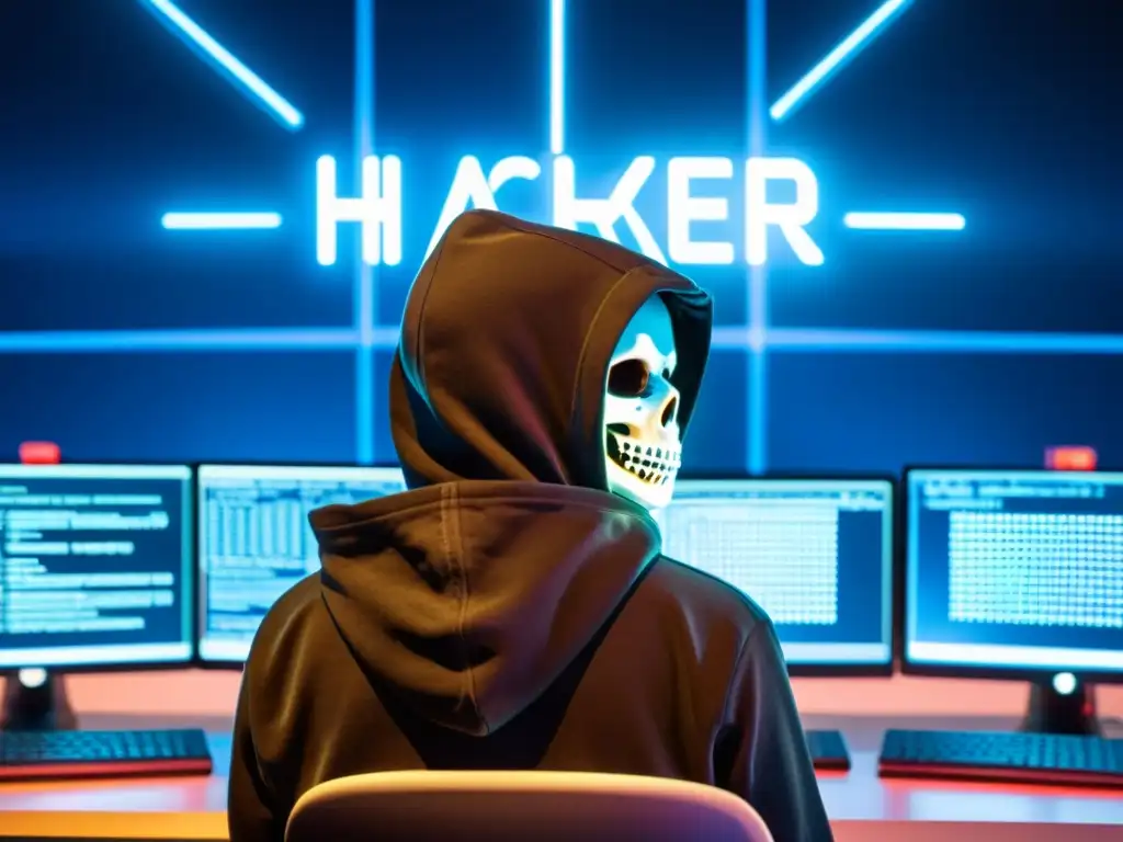 Un hacker en la penumbra, rodeado de códigos y advertencias, refleja la amenaza y vulnerabilidad en ciberseguridad para educadores online