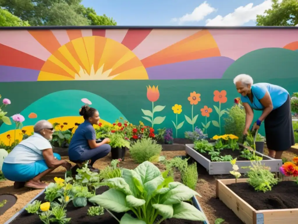 Jardín comunitario: diversidad, armonía y flores vibrantes Un hermoso jardín comunitario donde personas de todas las edades trabajan juntas, rodeados de flores vibrantes y un mural colorido