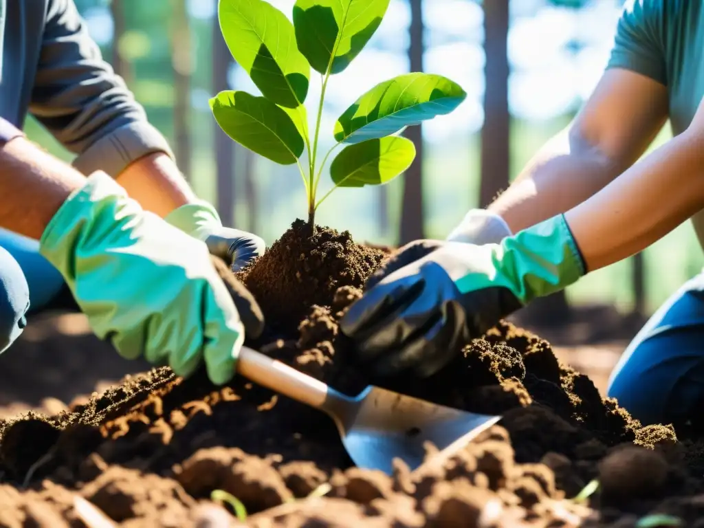 Voluntarios plantando árboles para restaurar el hábitat Herramientas innovadoras impacto ambiental ONG: Voluntarios plantando árboles en zona deforestada, unidos y determinados bajo la luz del sol