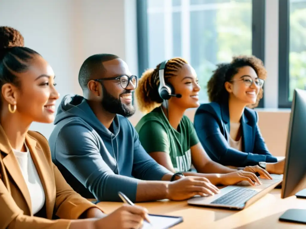 Herramientas trabajo remoto ONG: Equipo diverso colabora con determinación frente a computadoras, iluminados por luz natural