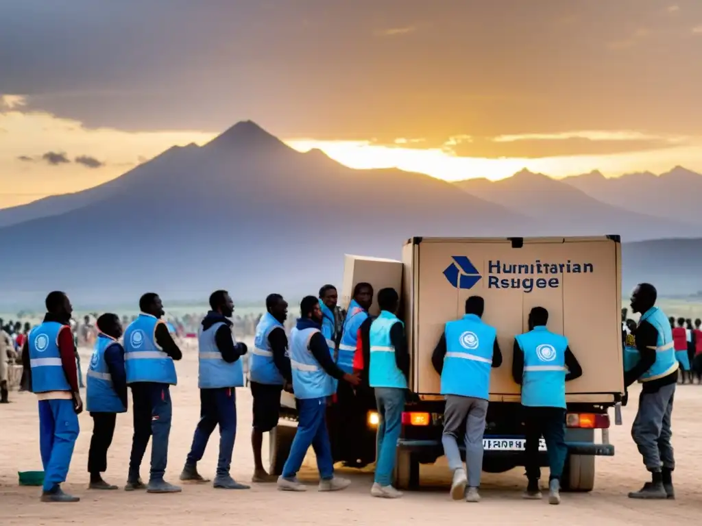 Humanitarias descargan suministros en campamento de refugiados al atardecer