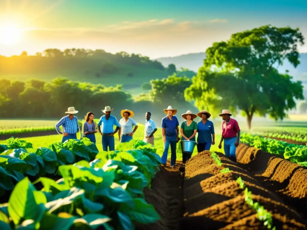 Imagen de agricultores diversificados trabajando en un campo sostenible, usando prácticas ecoamigables en agricultura sostenible