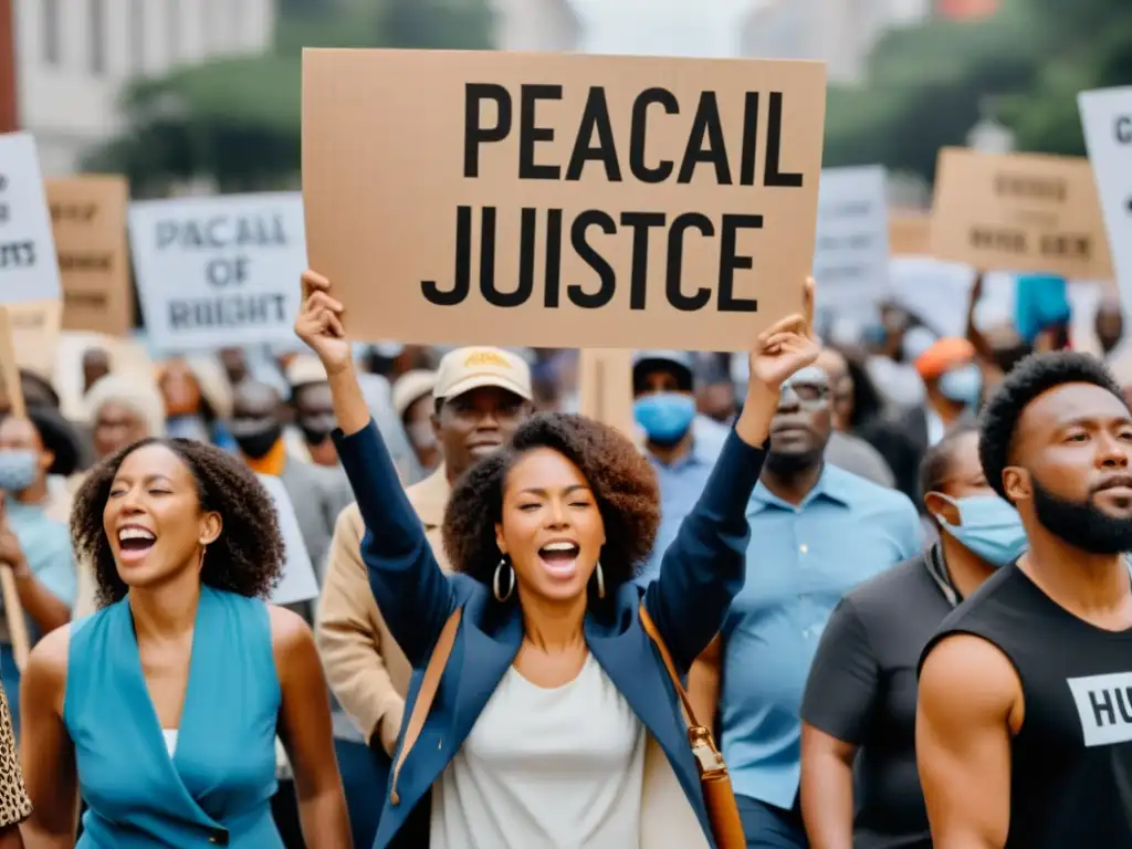 Una imagen de alta resolución de defensores apasionados de los derechos humanos marchando en una protesta pacífica en la ciudad