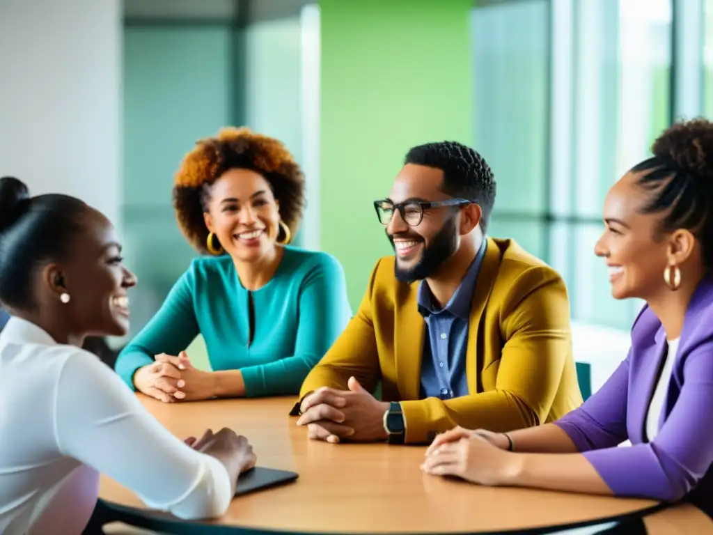 Imagen de diversidad e inclusión en ONGs: discusión colaborativa entre personas diversas en una sala luminosa