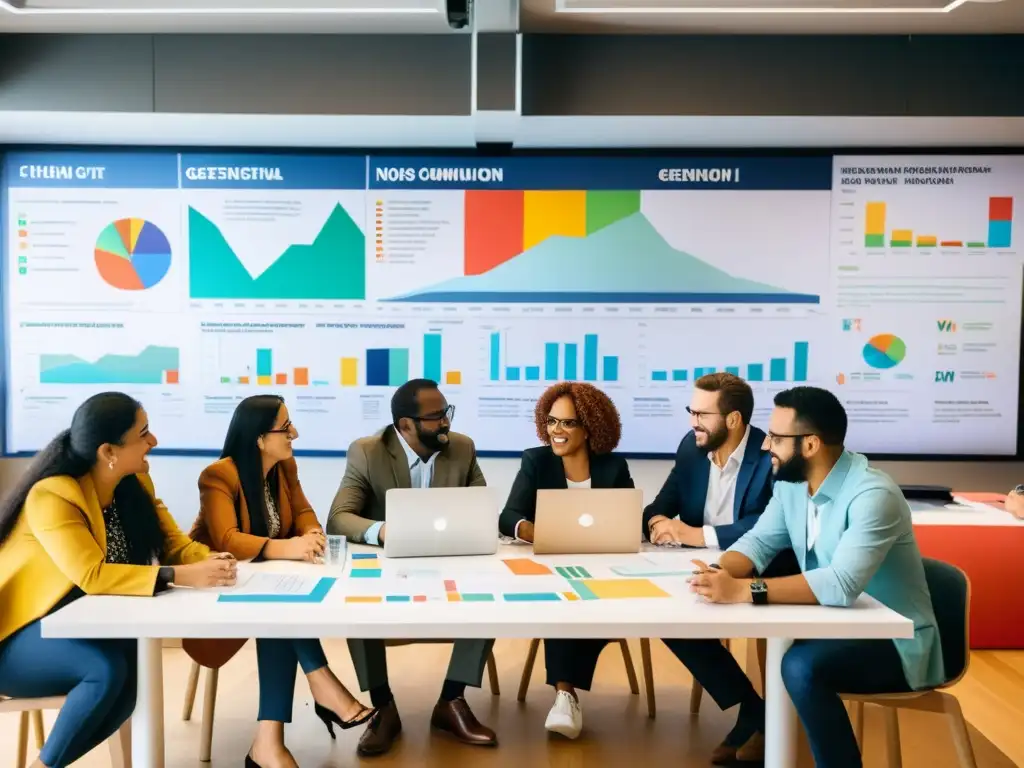 Imagen de grupo diverso y apasionado de diferentes culturas y edades, reunido alrededor de una mesa con papeles, laptops e infografías coloridas