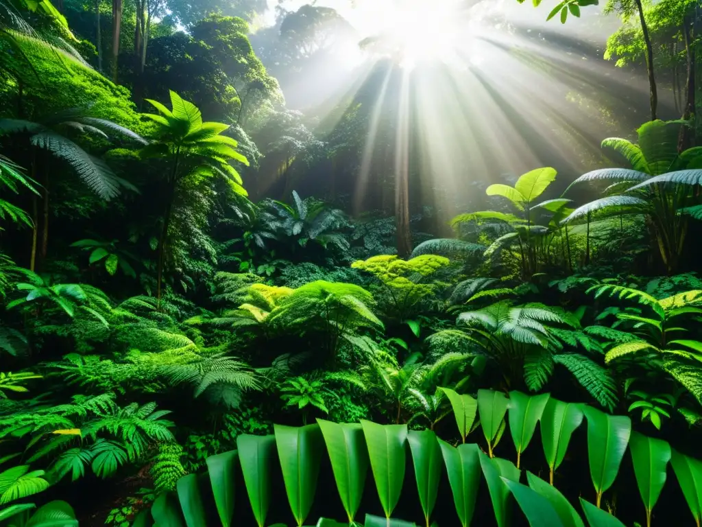 Imagen impactante de un exuberante y diverso bosque lluvioso, resaltando prácticas responsables en ONGs y la biodiversidad natural