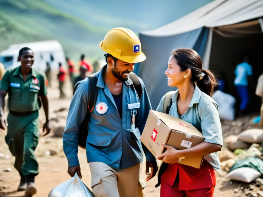 Imagen impactante de trabajadores humanitarios brindando intervención y apoyo en traumatismo humanitario tras desastre en zona de conflicto