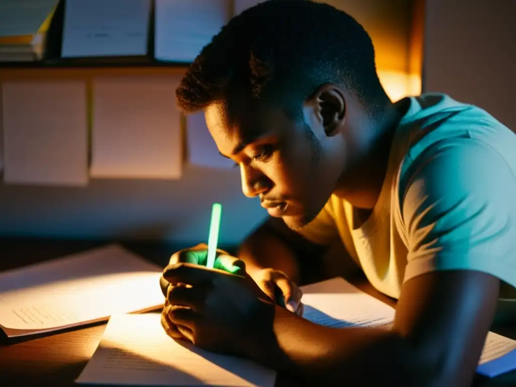 Imagen de persona en habitación tenue, iluminada por una luz solitaria, rodeada de historias personales