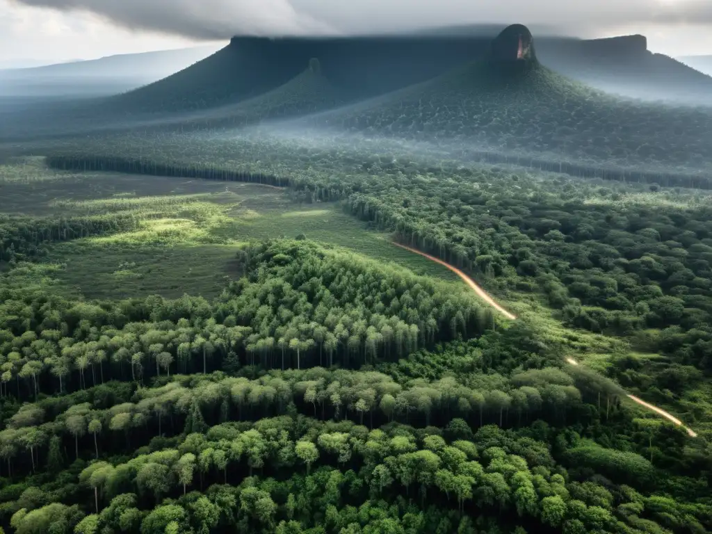 Una impactante imagen de un área deforestada con un fuerte contraste entre el paisaje desolado y el entorno natural