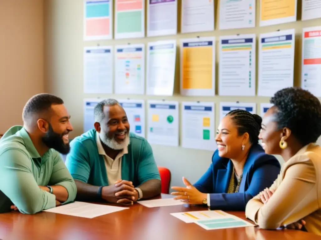 Importancia de cooperativas en ONGs: Diversas personas colaborando en discusión animada alrededor de una mesa, reflejando unidad y propósito compartido