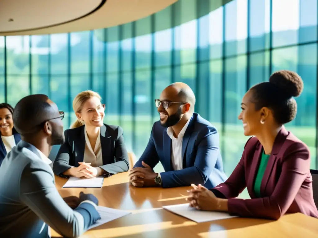 Importancia de la diversidad e inclusión en alianzas para la cooperación internacional: un grupo diverso en una mesa de diálogo, reflejando respeto mutuo y entendimiento