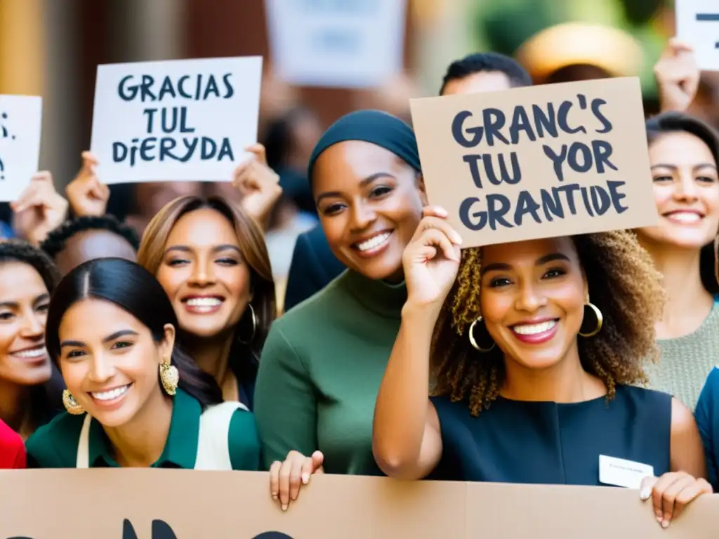 Importancia de los testimonios en campañas de recaudación de fondos: Grupo diverso sonriente con mensajes de gratitud en evento benéfico