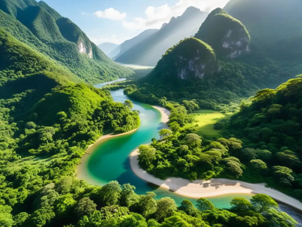 Una impresionante imagen de un paisaje natural virgen, con montañas verdes, un río cristalino y una rica variedad de flora y fauna