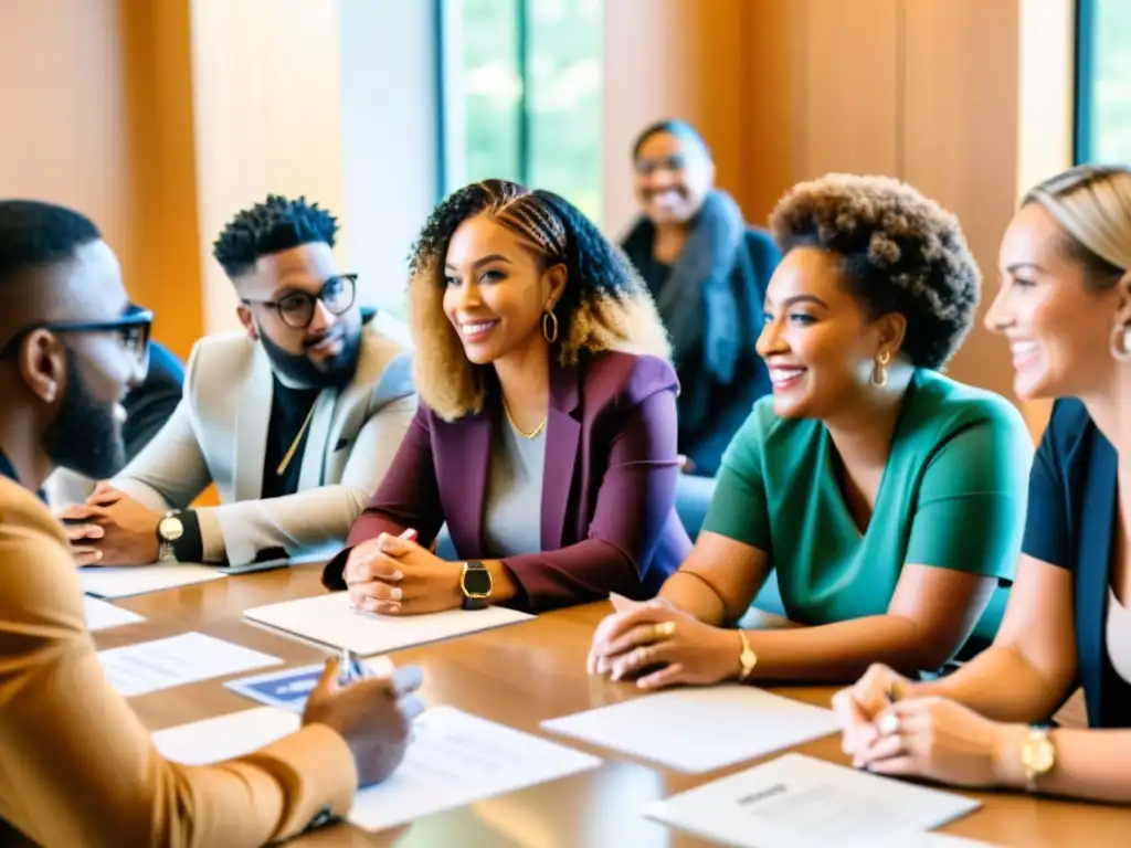 Influencers y representantes de ONGs colaboran alrededor de una mesa, amplificando mensajes con ideas diversas