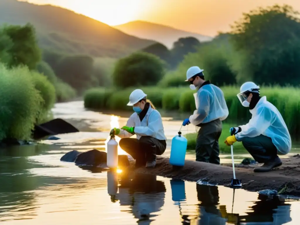 Equipo limpiando río con tecnología innovadora al atardecer Ingenieros y voluntarios usan herramientas innovadoras para minimizar el impacto ambiental, limpiando un río contaminado al atardecer