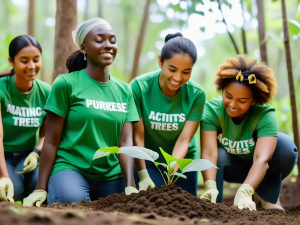 Iniciativas ambientales: grupo de activistas verdes plantando árboles en un bosque exuberante, irradiando determinación y esperanza