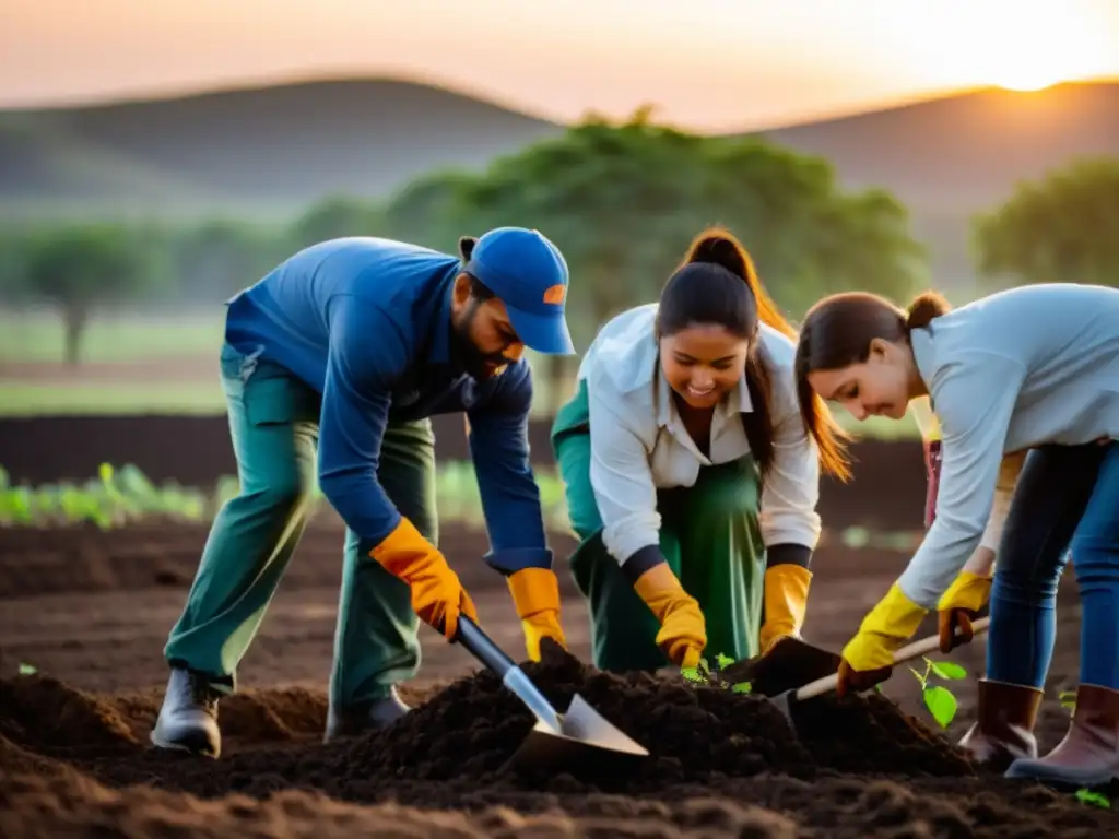 Iniciativas ONG cambio climático: Activistas plantan árboles al atardecer, simbolizando esperanza y un futuro sostenible