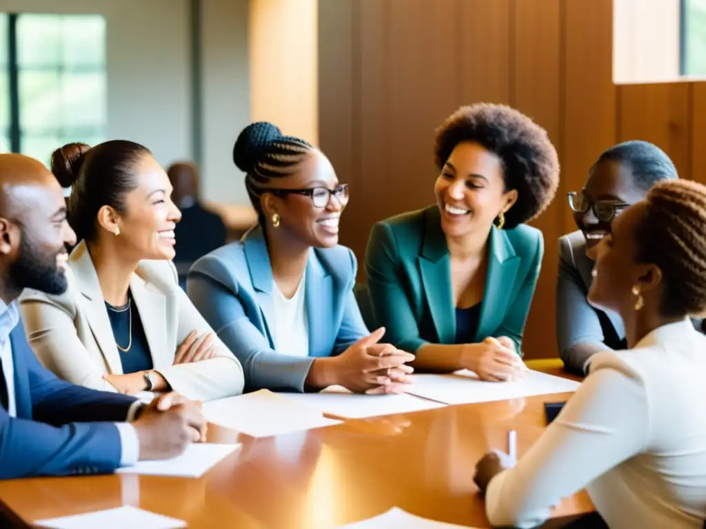 Inspiradora reunión de trabajo en una ONG, destacando influencia estilos liderazgo ONGs