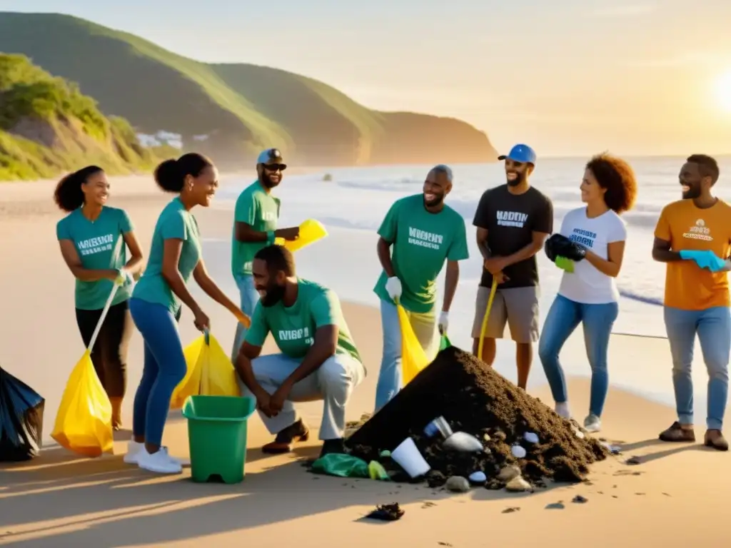 Integración de la comunidad en ONG: Voluntarios unidos limpian la playa al atardecer, promoviendo la sostenibilidad ambiental con alegría y propósito