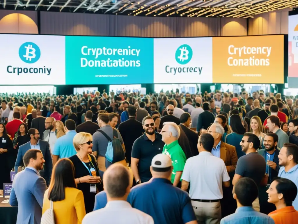 Integración de criptomonedas en eventos de recaudación: Donaciones vibrantes y diversas en un evento bullicioso y lleno de energía