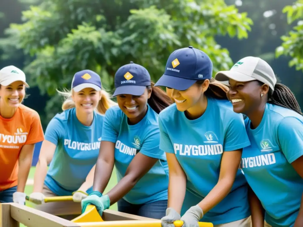 Integración del voluntariado corporativo construyendo un parque infantil, uniendo esfuerzos bajo el sol radiante y la alegría de los niños