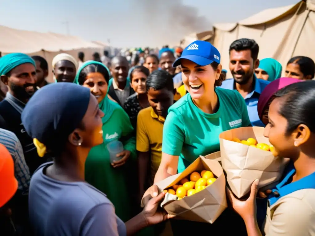 Inteligencia artificial asistencia humanitaria ONG: Trabajadores distribuyen ayuda en campamento de refugiados, brindando esperanza y vital apoyo