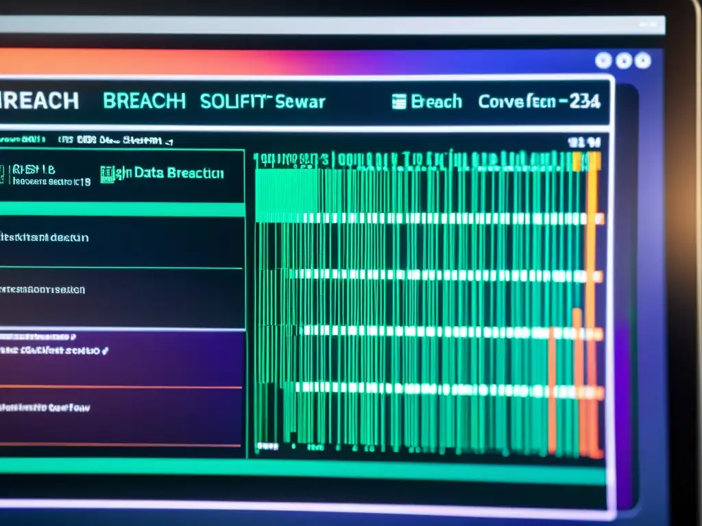 Interfaz moderna de software de detección de fuga de datos en ONGs, mostrando líneas de código e alertas de seguridad en tiempo real