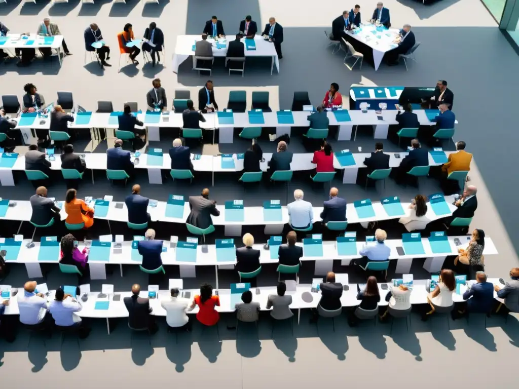 Networking internacional para ONGs en conferencia global, con intercambio animado y diversidad representada en banderas de diferentes países