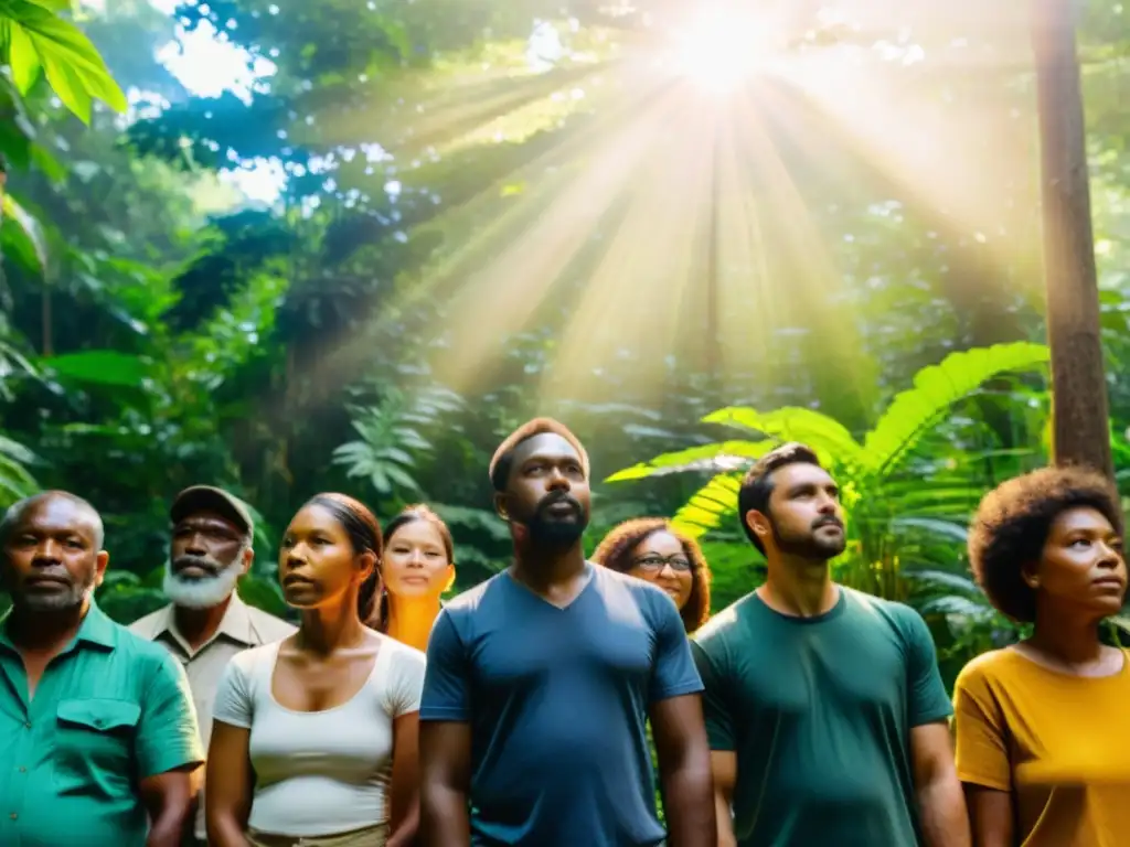 Colaboración intersectorial ONGs proyectos impacto ambiental: Diversos líderes y activistas unidos frente a un frondoso bosque, irradiando esperanza y determinación por preservar la naturaleza