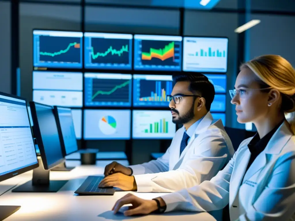 Investigadores en laboratorio iluminado, analizando datos en computadoras