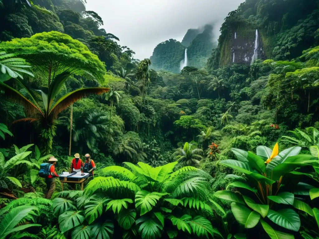 Investigadores medioambientales en la selva, recopilando datos sobre biodiversidad y el impacto humano