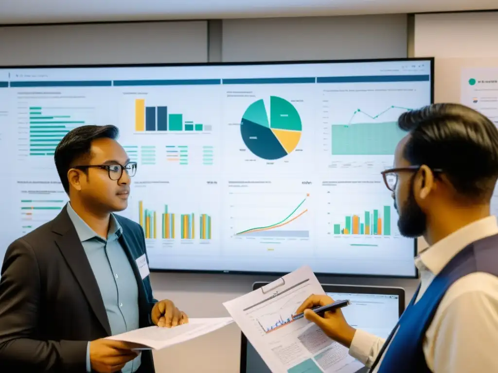 Investigadores y voluntarios de una ONG validando meticulosamente resultados en un espacio bien iluminado y organizado, con gráficos y reportes en las paredes