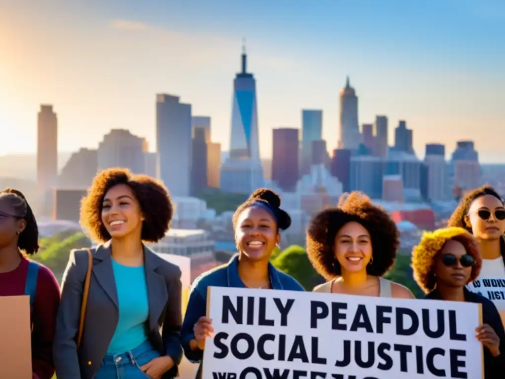 Jóvenes activistas sostienen carteles con mensajes de justicia social frente a un skyline vibrante en una protesta pacífica