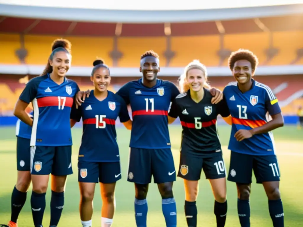 Jóvenes atletas de diferentes países celebran juntos en el campo de fútbol, uniendo países a través del deporte