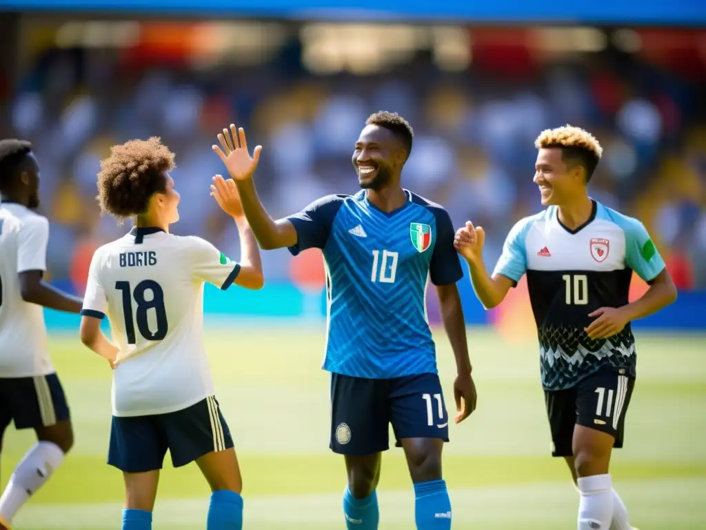 Jóvenes atletas de diversos países unidos tras un partido amistoso de fútbol, representando la unión de países a través del deporte