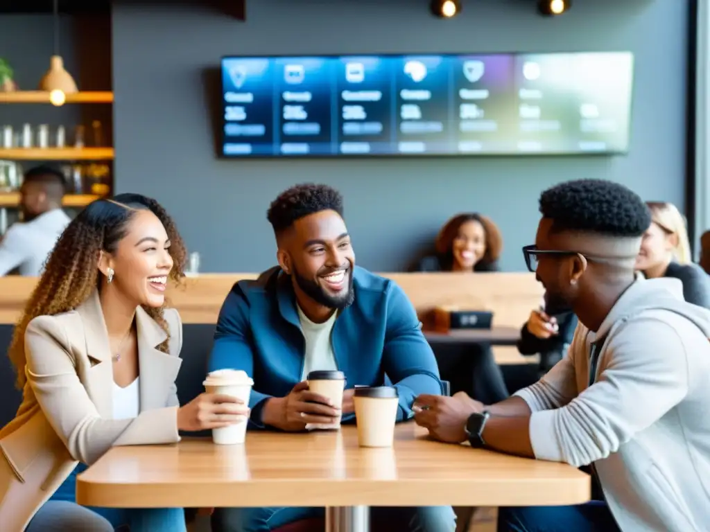 Jóvenes diversos en un café moderno, discutiendo con pasión