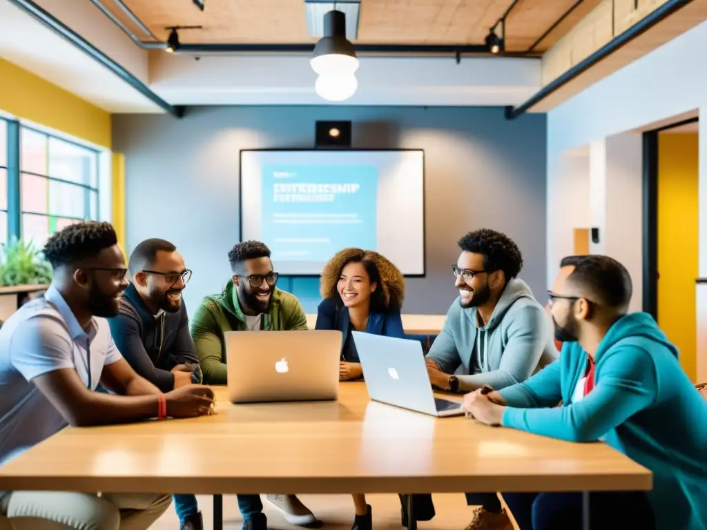 Jóvenes emprendedores colaboran con ONGs en un espacio de coworking, mostrando la energía de la colaboración entre startups y ONGs