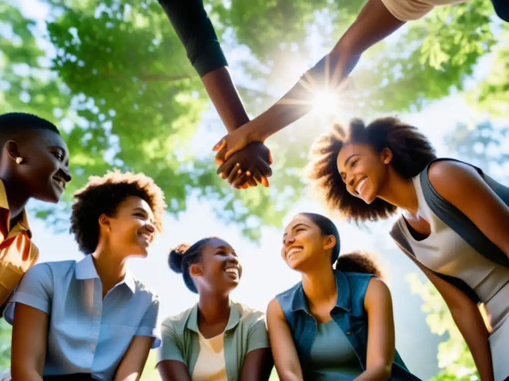 Jóvenes líderes diversos discuten apasionadamente bajo la luz del sol en un ambiente de empoderamiento y colaboración