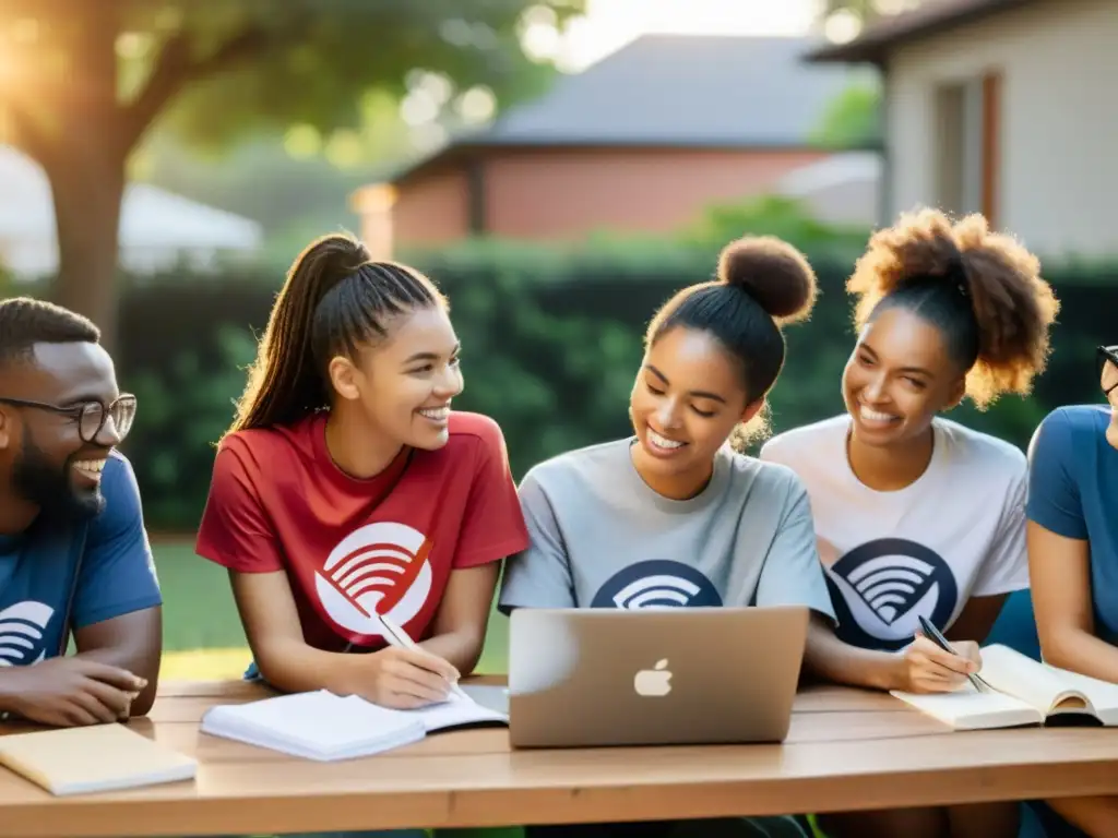 Jóvenes voluntarios brainstorming al aire libre para una campaña de concienciación