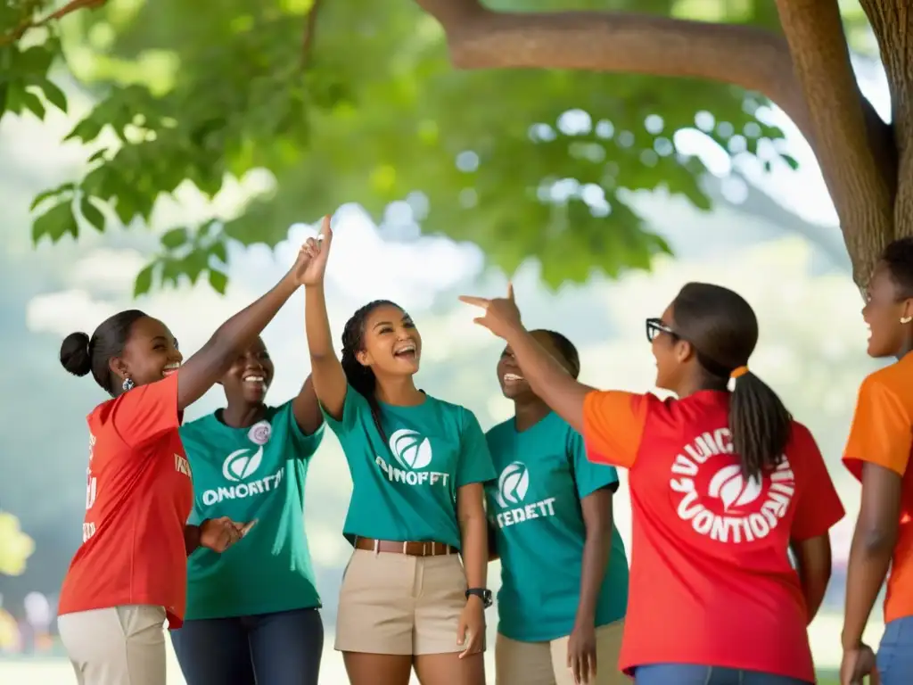 Jóvenes voluntarios de ONG colaboran bajo un árbol en el parque, planificando estrategias captación donantes jóvenes ONG