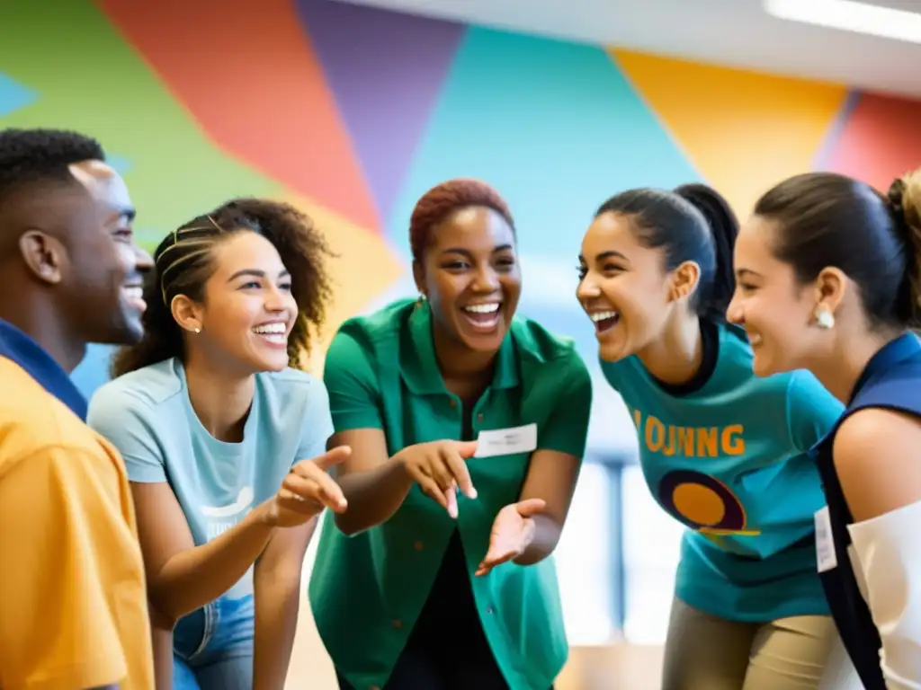 Jóvenes voluntarios de diversas culturas colaboran entusiastas en un taller de desarrollo de talento, en un centro comunitario moderno y colorido