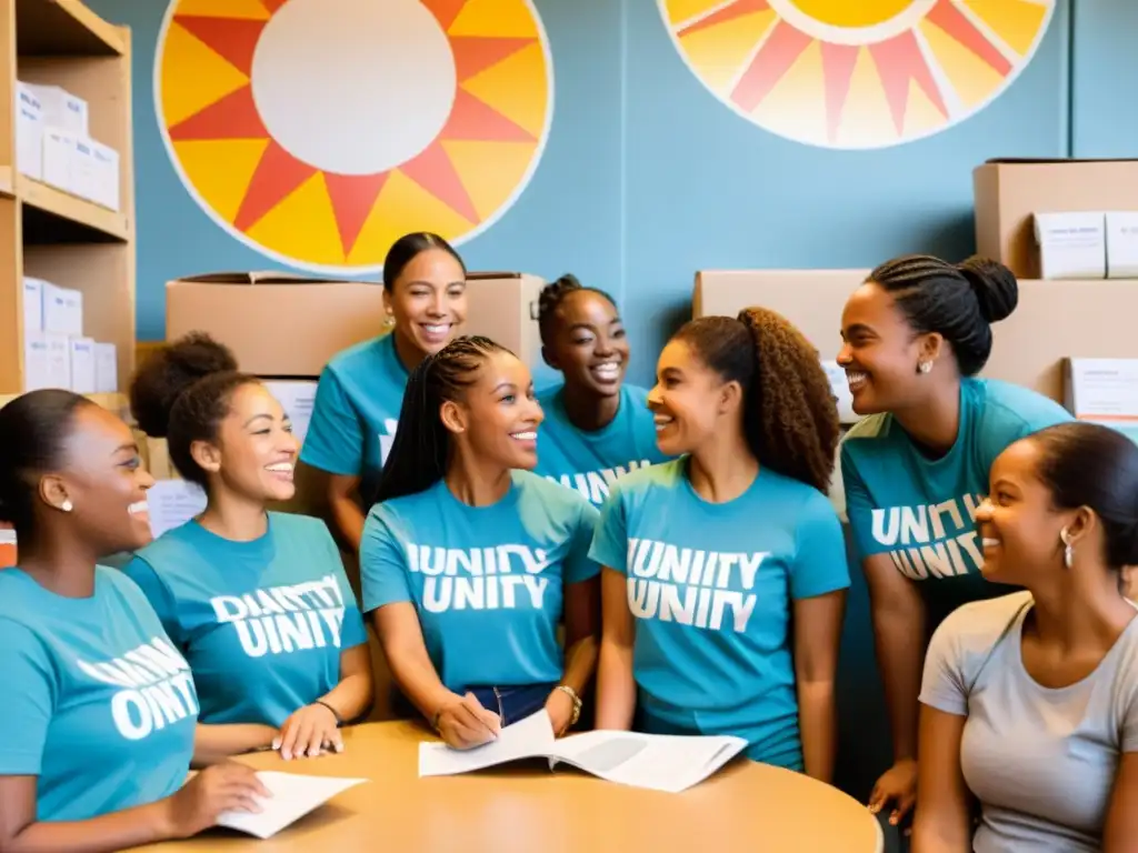Jóvenes voluntarios planificando estrategias para involucrar a más personas, rodeados de cajas de donaciones y folletos informativos, con un mural de fondo que simboliza la unidad y el empoderamiento