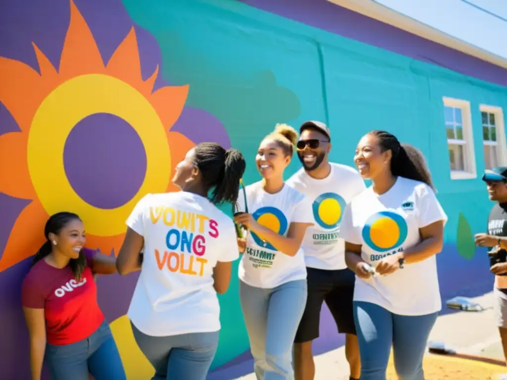 Jóvenes voluntarios de ONG pintan mural en barrio colorido, involucrando a la comunidad en proyecto de impacto positivo