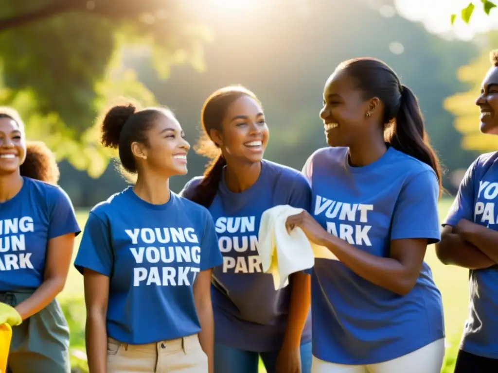 Jóvenes voluntarios limpiando un parque al atardecer, demostrando estrategias para involucrar jóvenes voluntarios en acciones comunitarias