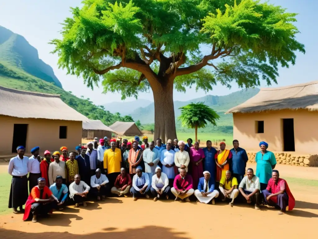 Líderes comunitarios discuten gestión de proyectos en zona de conflicto bajo un árbol en una aldea rural