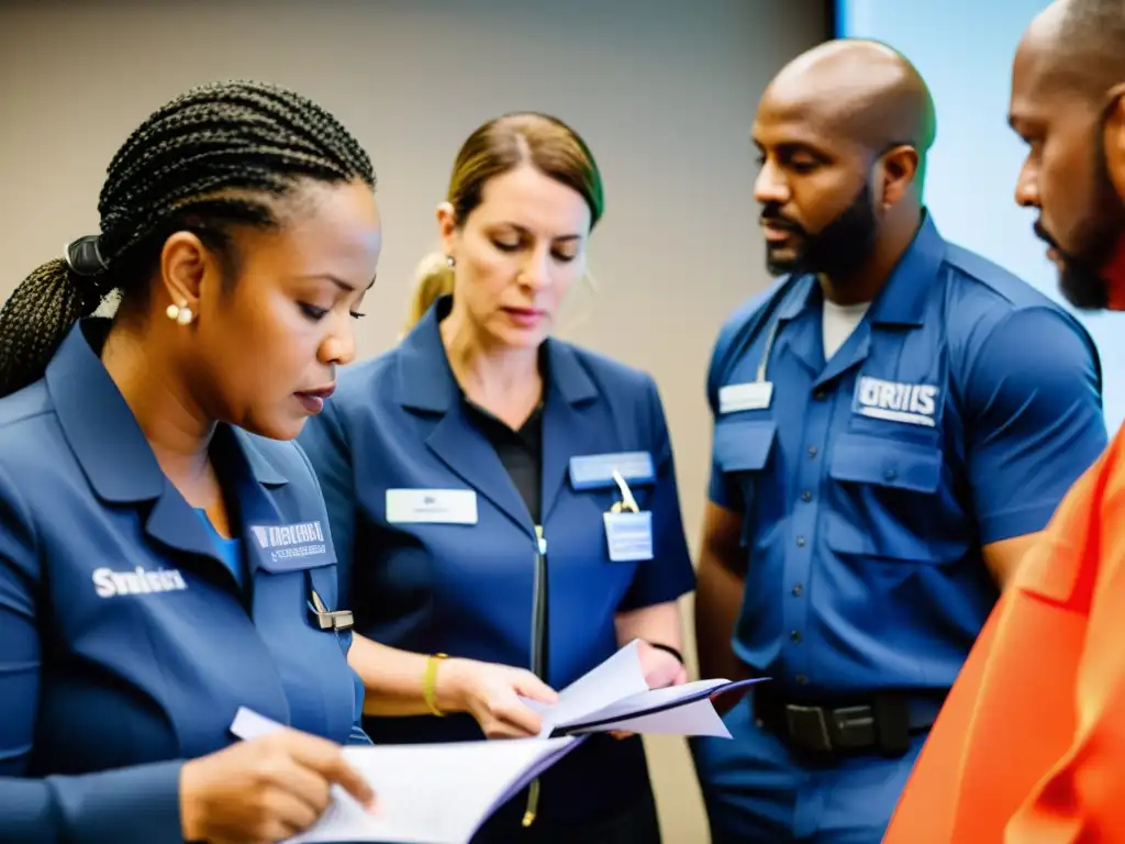 Líderes de ONG en entrenamiento de gestión de crisis, colaborando intensamente en simulación práctica