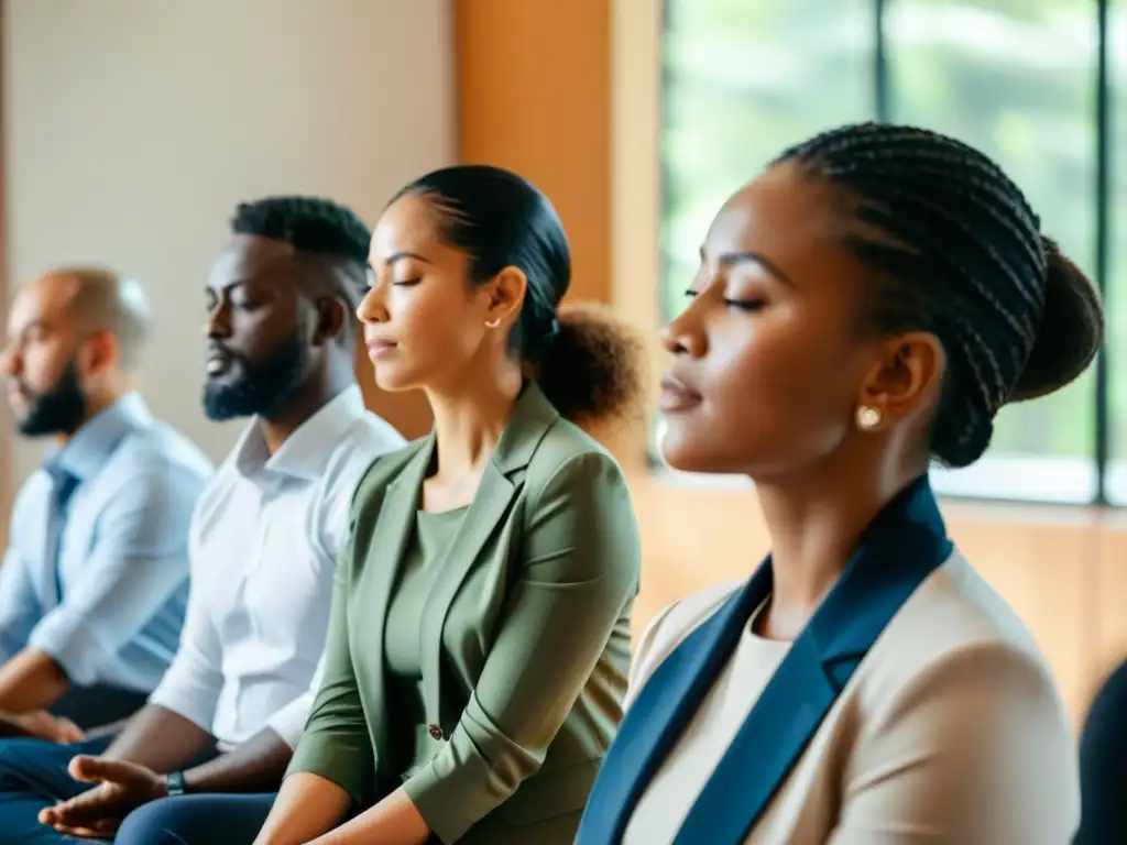 Líderes de ONGs practican mindfulness en una sesión grupal, mostrando serenidad y enfoque