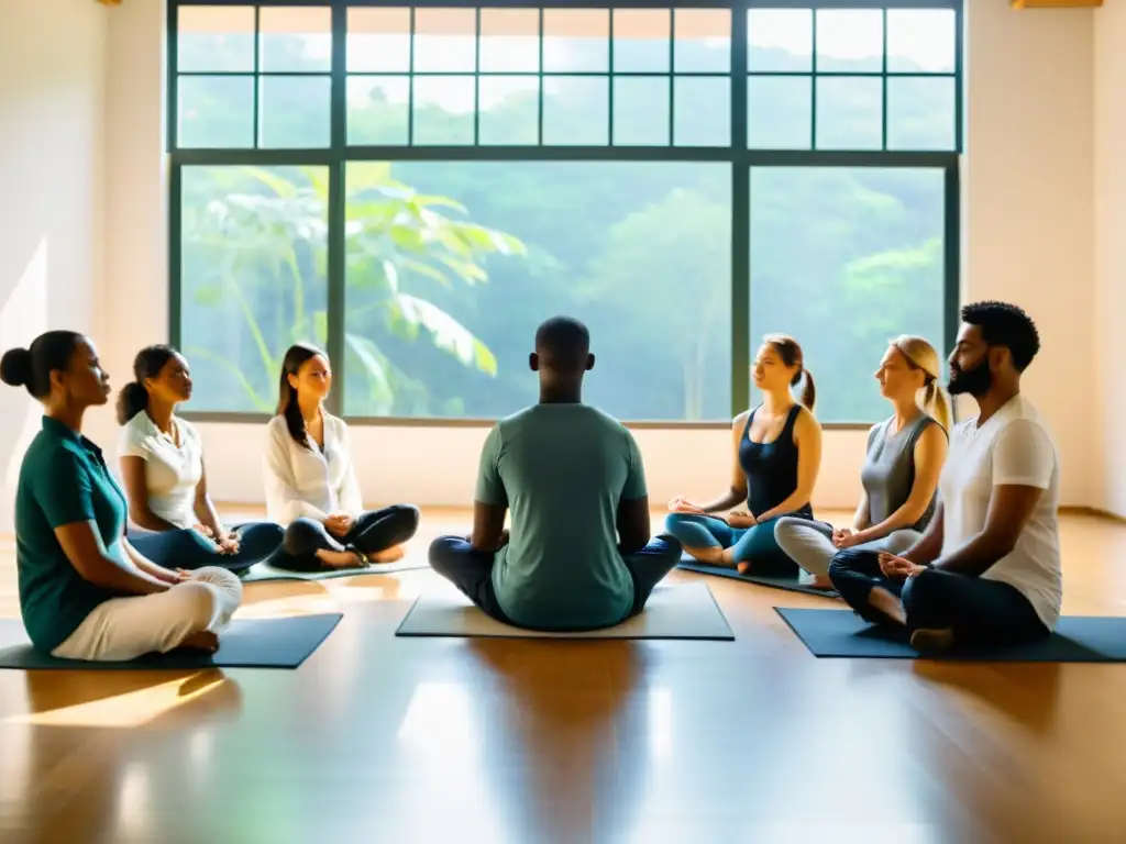 Líderes de ONG practican mindfulness, mostrando serenidad y concentración